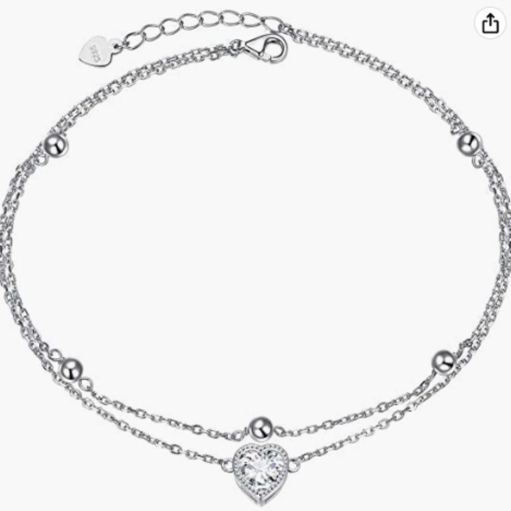 925 SS Ladytree Two Strand Anklet with cubic zirconia heart and beads -NWT